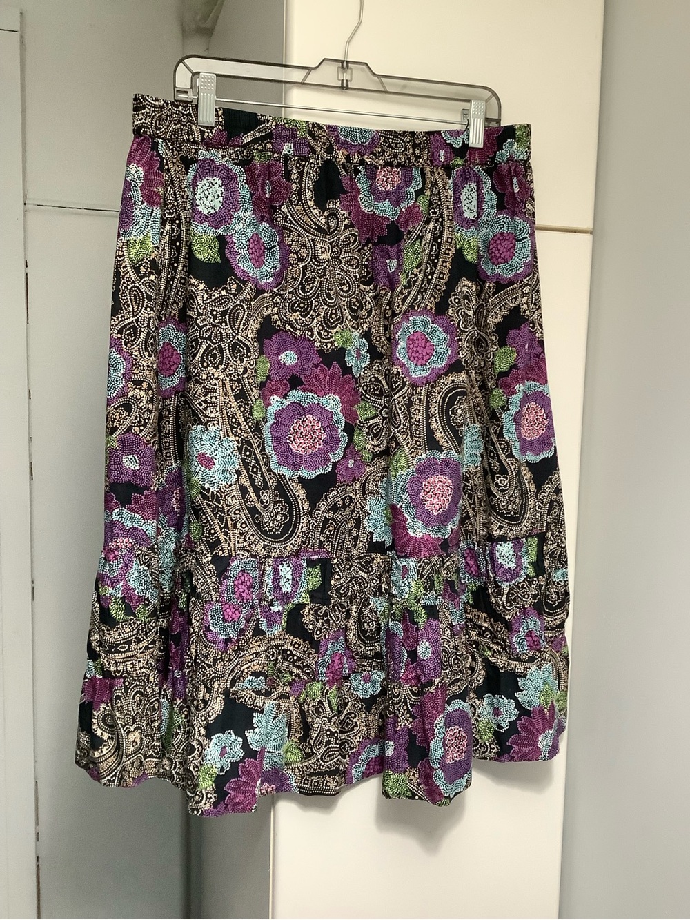 Sag Harbor Black Skirt with Purple & Teal Floral Paisley